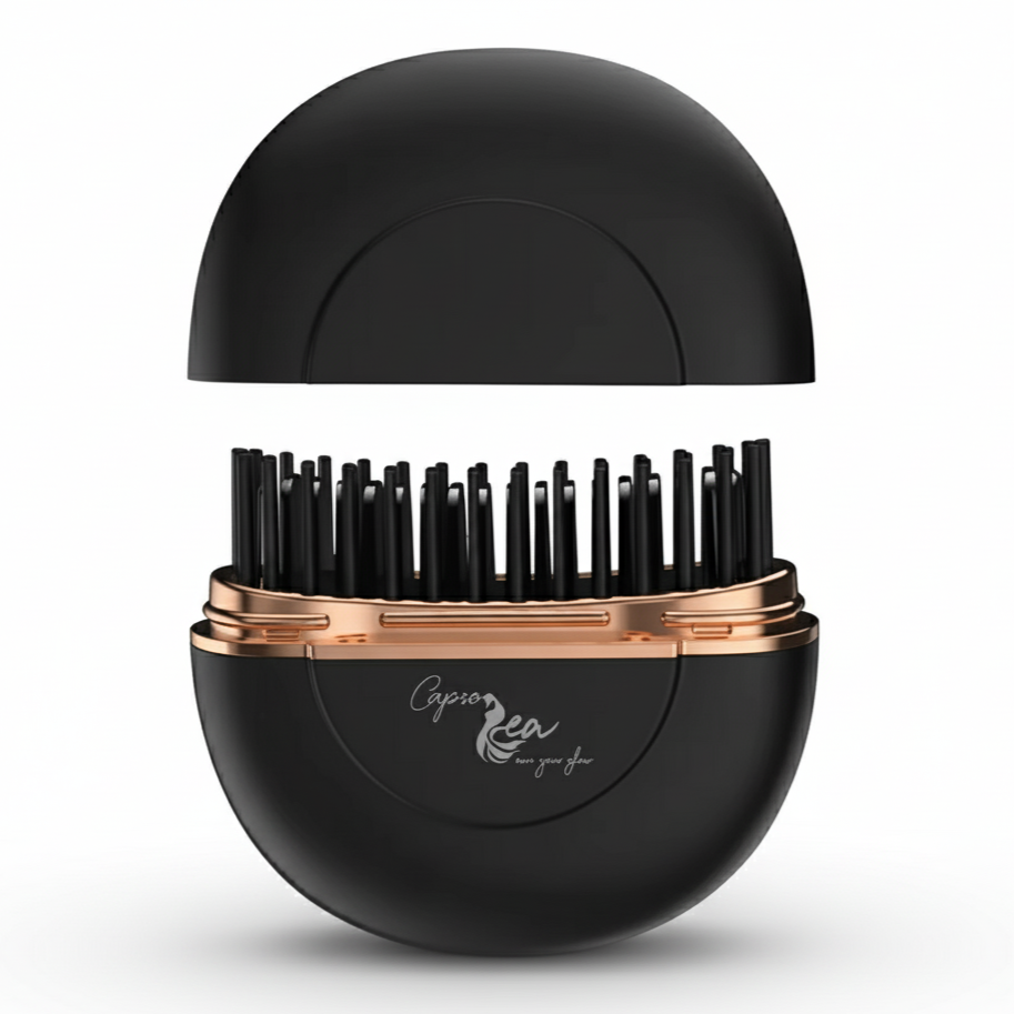 Black and rose gold hairbrush with brand logo on a white background